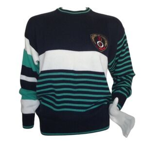 FIA ITALIA Sweater, M, Blue/White/Green stripes, Crested, Pullover, crew neck